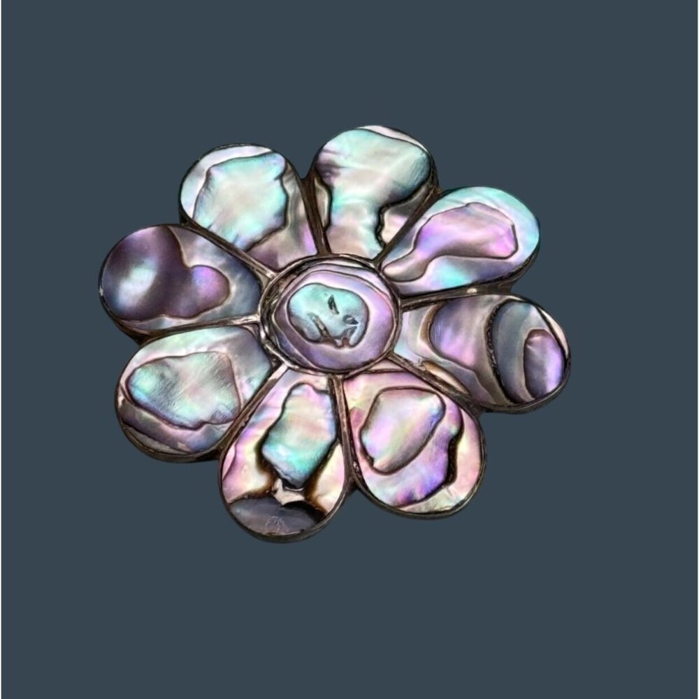 Vintage Taxco Sterling Silver & Abalone Shell Flower Brooch Pin - Picture 5 of 5